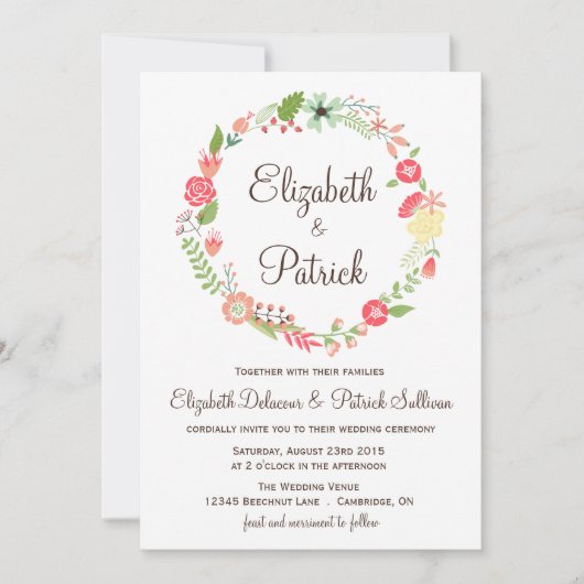 Shabby Chic Flowers Wreath Wedding Invitation Kaart (Voorkant)