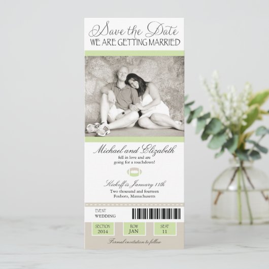 Shabby Chic Football Ticket Save the Date (Staand voorkant)