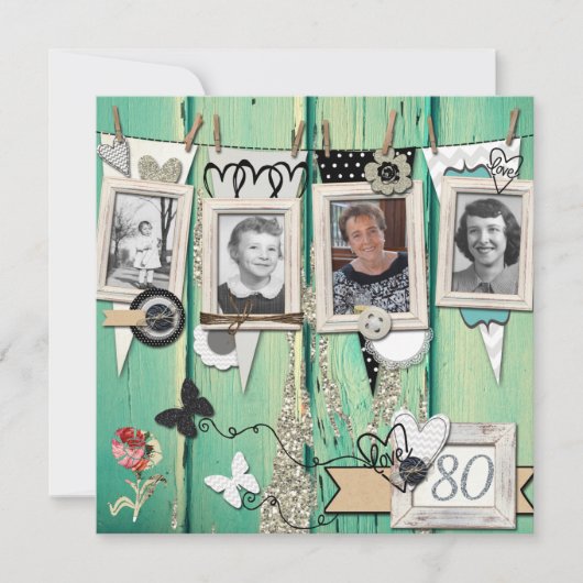 Shabby Chic Foto 80ste verjaardag Uitnodiging (Voorkant)