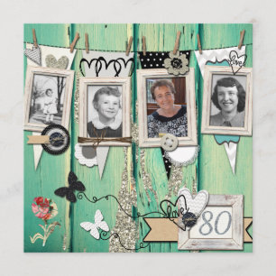 Shabby Chic Foto 80th Birthday Party Invitation Kaart