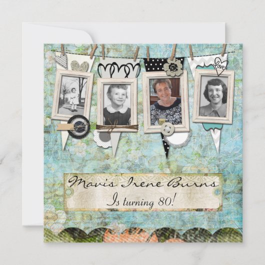Shabby Chic Foto 80th Birthday Party Invitation Kaart (Voorkant)