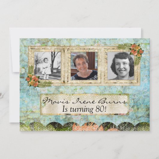 Shabby Chic Foto 80th Birthday Party Invitation Kaart (Voorkant)