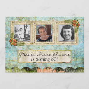Shabby Chic Foto 80th Birthday Party Invitation Kaart