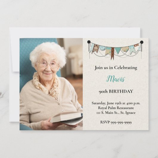 Shabby Chic Foto 90e verjaardag Uitnodiging (Voorkant)