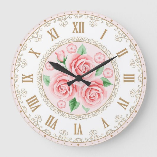 Shabby Chic Frans  Gouden Parel Roze Rozen Grote Klok (Voorkant)