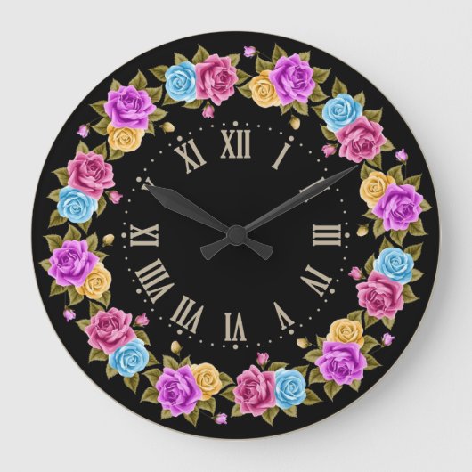 Shabby Chic Frans Zwart Kleurrijke Rozen Grote Klok (Voorkant)