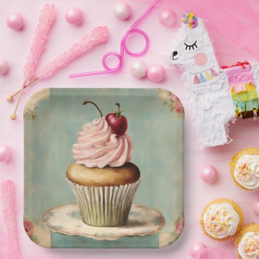 Shabby Chic  Franse Country Pink Cupcake Papieren Bordje (Feest)
