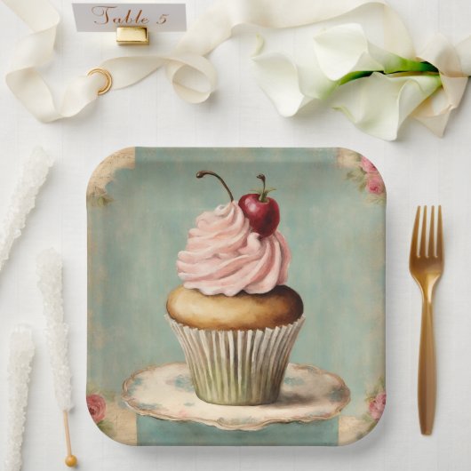 Shabby Chic  Franse Country Pink Cupcake Papieren Bordje (Huwelijk)