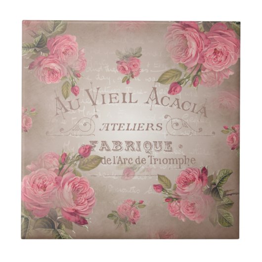 Shabby Chic franse  rozen roze florale roos Tegeltje (Voorkant)