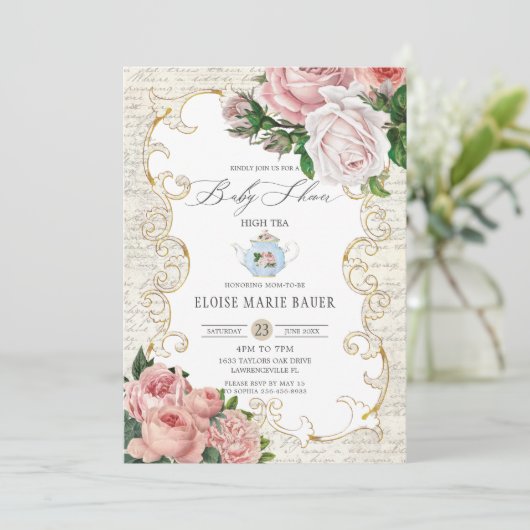 Shabby Chic French Rozen Baby shower Invit Kaart (Staand voorkant)
