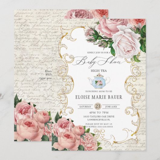 Shabby Chic French Rozen Baby shower Invit Kaart (Voorkant / Achterkant)