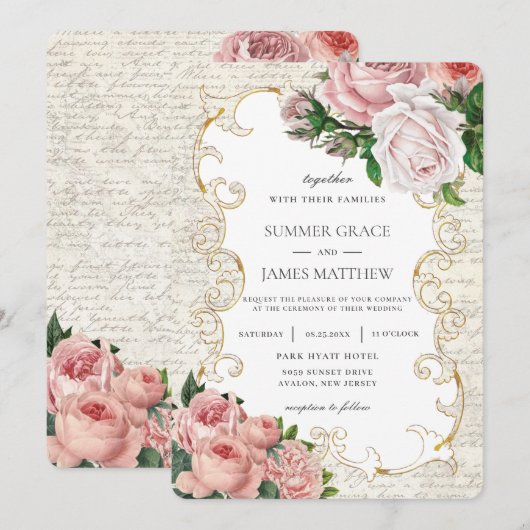 Shabby Chic  French Rozen Letter Wedding Kaart (Voorkant / Achterkant)