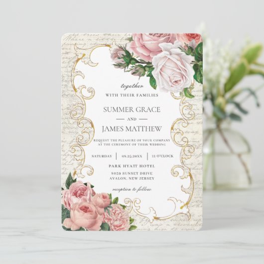 Shabby Chic  French Rozen Letter Wedding Kaart (Staand voorkant)