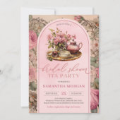 Shabby chic  fuchsia roze bruids thee party kaart (Voorkant)