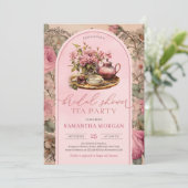 Shabby chic  fuchsia roze bruids thee party kaart (Staand voorkant)