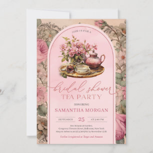 Shabby chic  fuchsia roze bruids thee party kaart