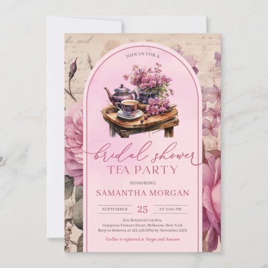 Shabby chic fuchsia roze bruids thee party kaart (Voorkant)