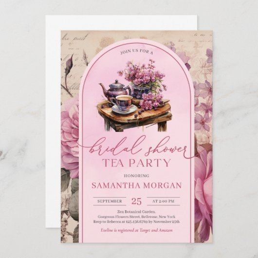 Shabby chic fuchsia roze bruids thee party kaart (Voorkant / Achterkant)