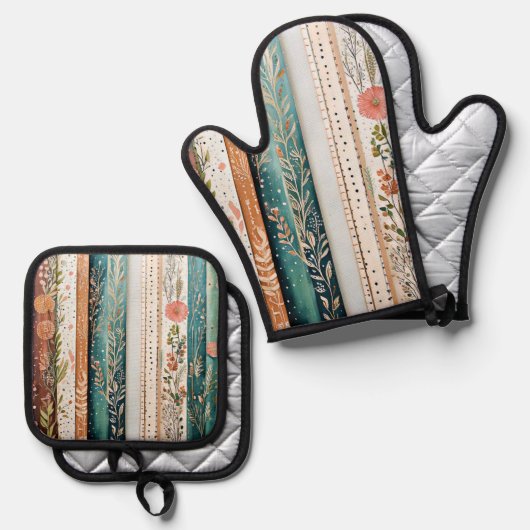 Shabby chic gemengde patronen ovenwant & pannenlap set (Voorkant / Achterkant)