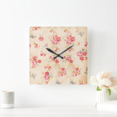  Shabby Chic Girly Pink Blue Rozen Floral Vierkante Klok (Huis)