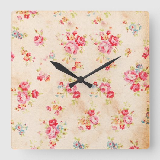  Shabby Chic Girly Pink Blue Rozen Floral Vierkante Klok (Voorkant)