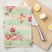 Shabby Chic Girly Red Green Rozen Stripes Patroon Theedoek (Quarter Fold)