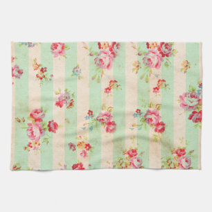 Shabby Chic Girly Red Green Rozen Stripes Patroon Theedoek
