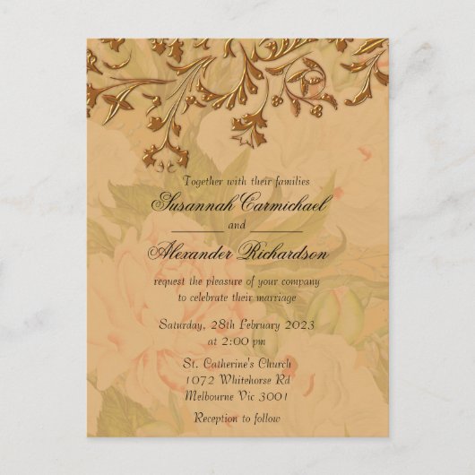 Shabby Chic Golden Peonies Boho Wedding Briefkaart (Voorkant)