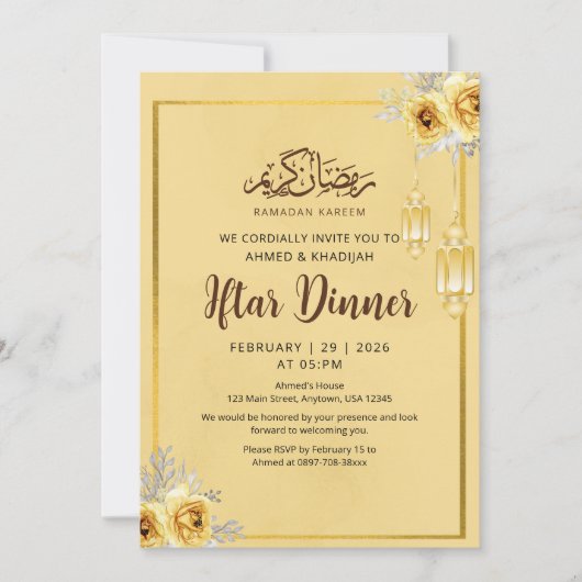 Shabby Chic Golden Rose Iftar Dinner Invitation Kaart (Voorkant)
