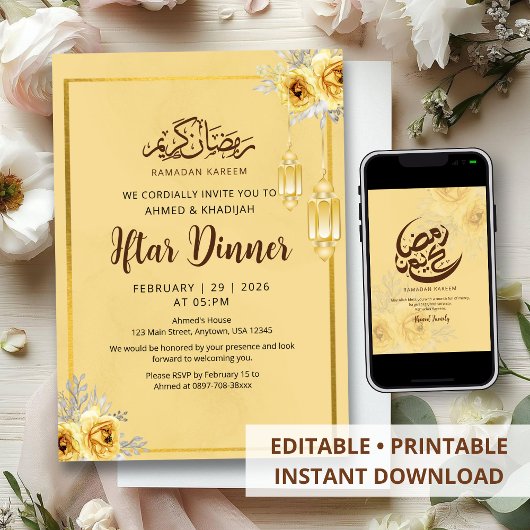 Shabby Chic Golden Rose Iftar Dinner Invitation Kaart