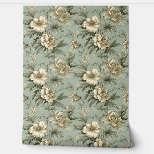 Shabby chic  goudbloemen stoffig groen behang
