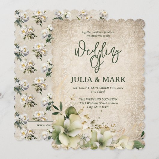 Shabby Chic Green And Beige Floral Wedding  Kaart (Voorkant / Achterkant)