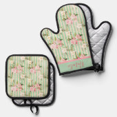 Shabby Chic Green White Stripes and Floral Ovenwant & Pannenlap Set (Voorkant / Achterkant)