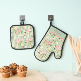 Shabby Chic Green White Stripes and Floral Ovenwant & Pannenlap Set