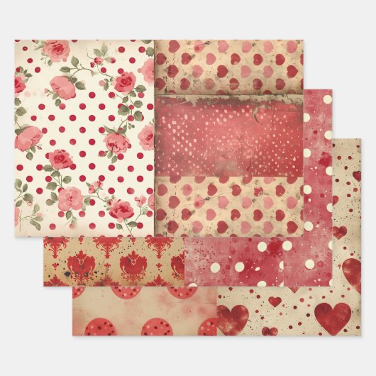 Shabby Chic Half Mix Rood Bloemen Hart Vlek Inpakpapier Vel (Set)