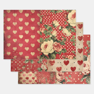  Shabby Chic Half Mix Rood Bloemen Hart Vlek Inpakpapier Vel