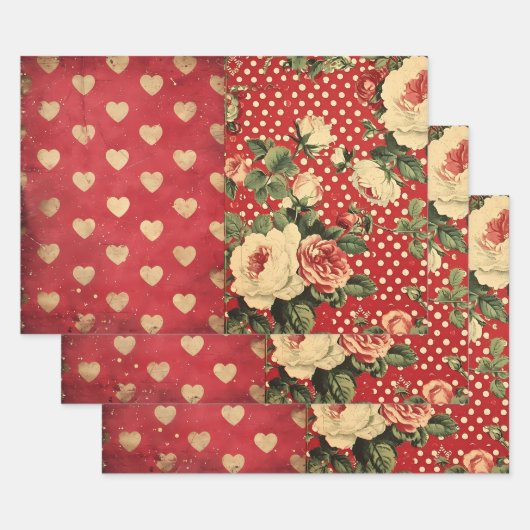  Shabby Chic Half Mix Rood Bloemen Hart Vlek Inpakpapier Vel (Set)