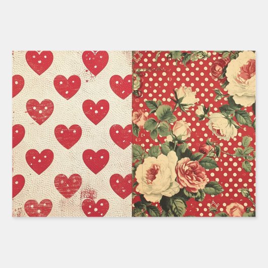 Shabby Chic Half Mix Rood Bloemen Hart Vlek Inpakpapier Vel (Voorkant 2)