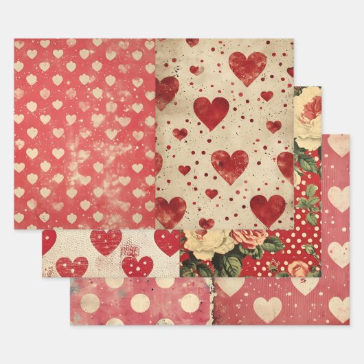 Shabby Chic Half Mix Rood Bloemen Hart Vlek Inpakpapier Vel (Set)