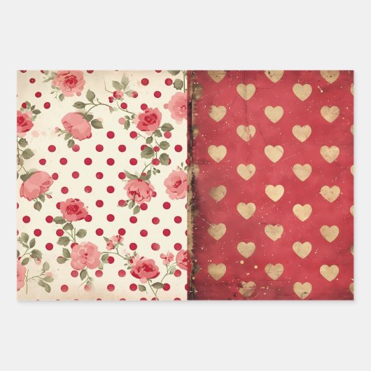  Shabby Chic Half Mix Rood Bloemen Hart Vlek Inpakpapier Vel (Voorkant)
