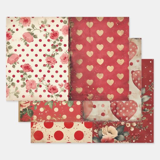 Shabby Chic Half Mix Rood Bloemen Hart Vlek Inpakpapier Vel (Set)