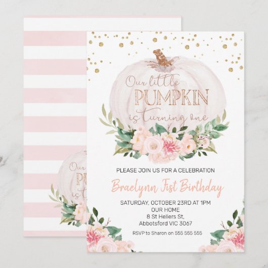 Shabby Chic Herfst Pumpkin 1st Birthday Uitnodigin Kaart (Voorkant / Achterkant)