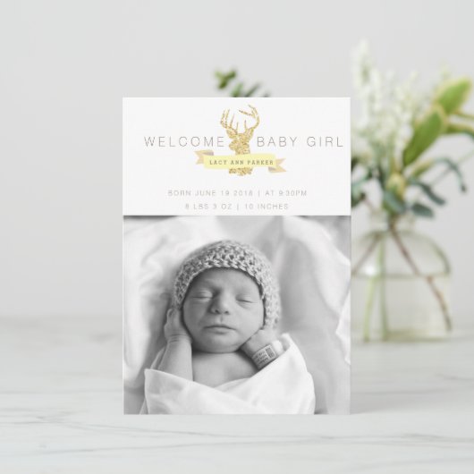 Shabby Chic Herten Geboorte Aankondiging Foto (Staand voorkant)