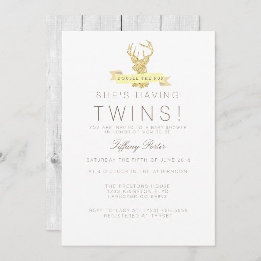 Shabby Chic Herten Twins Baby shower Invitation Kaart (Voorkant / Achterkant)