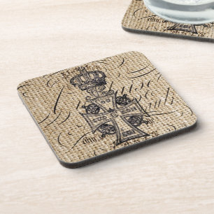 Shabby chic kroon burlap religieus kruis bier onderzetter
