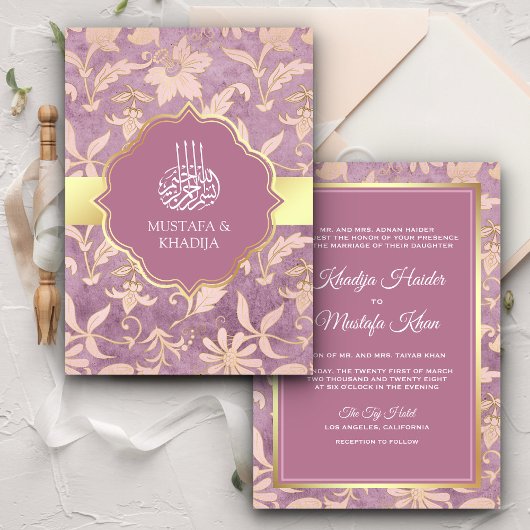 Shabby Chic Lavender Gold Floral Muslim Wedding Kaart