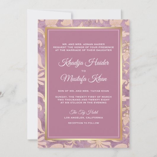 Shabby Chic Lavender Gold Floral Muslim Wedding Kaart (Achterkant)