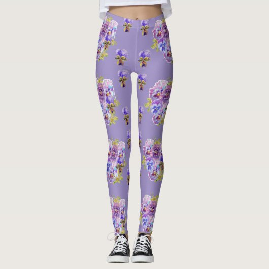 Shabby Chic Lavender Paarse Pansy Floral Leggings (Voorkant)