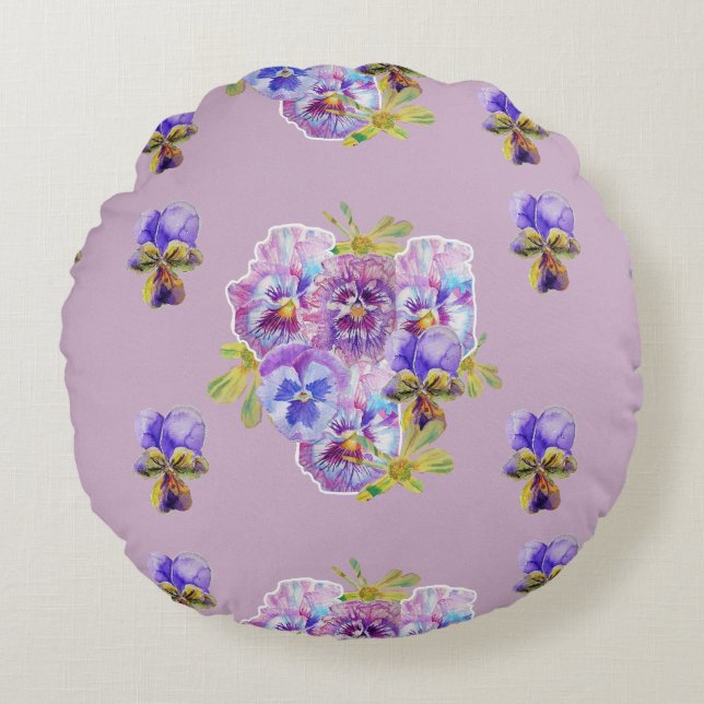 Shabby Chic Lila Floral Flowers Round Cushion Cush Rond Kussen (Voorkant)
