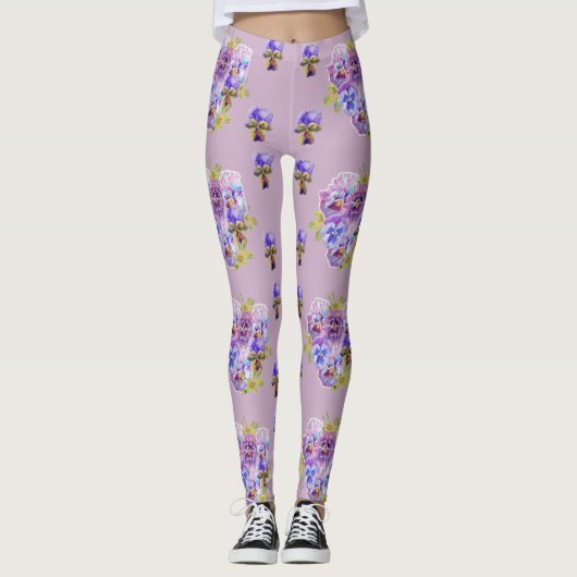 Shabby Chic Lila Paarse Pansy Floral Leggings (Voorkant)